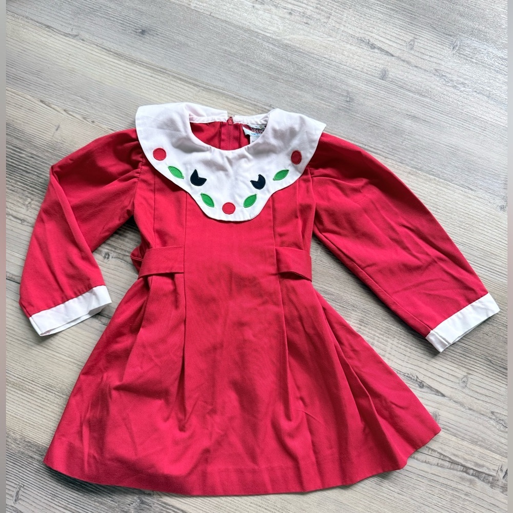 Vintage Young Set Red Smocked Girls Dress Size 4 W/ Tulip Embroidery